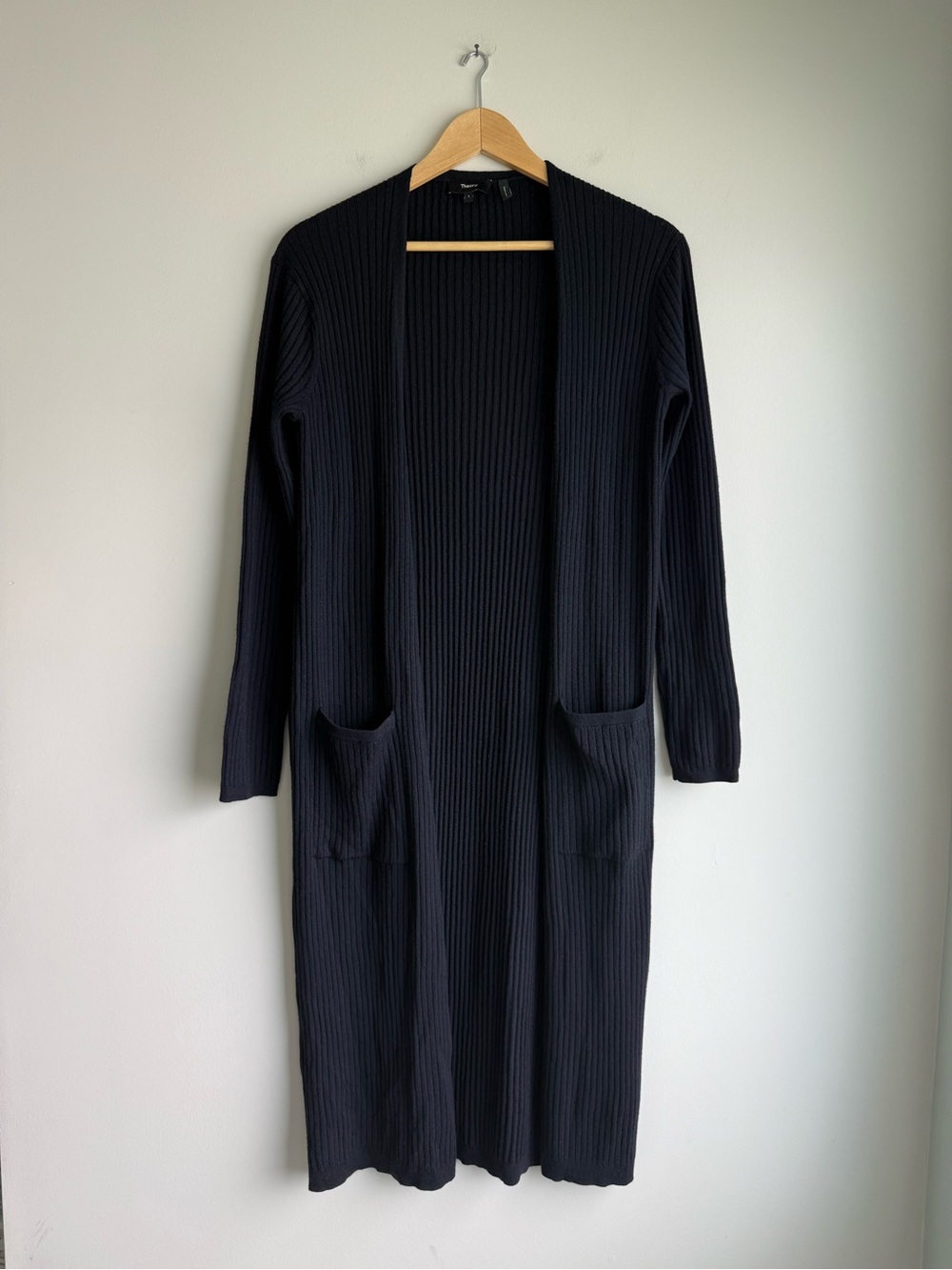 Theory Rib Maxi Wool Cardigan Duster Navy Blue S